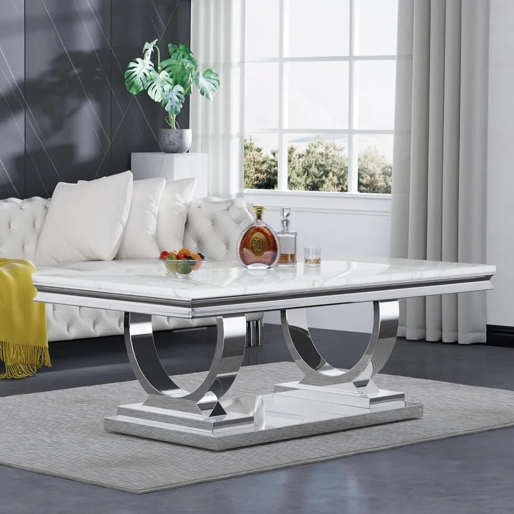 Modern Marble Coffee Table – White Rectangular Top with Silver Mirrored U-Shape Stainless Steel Base