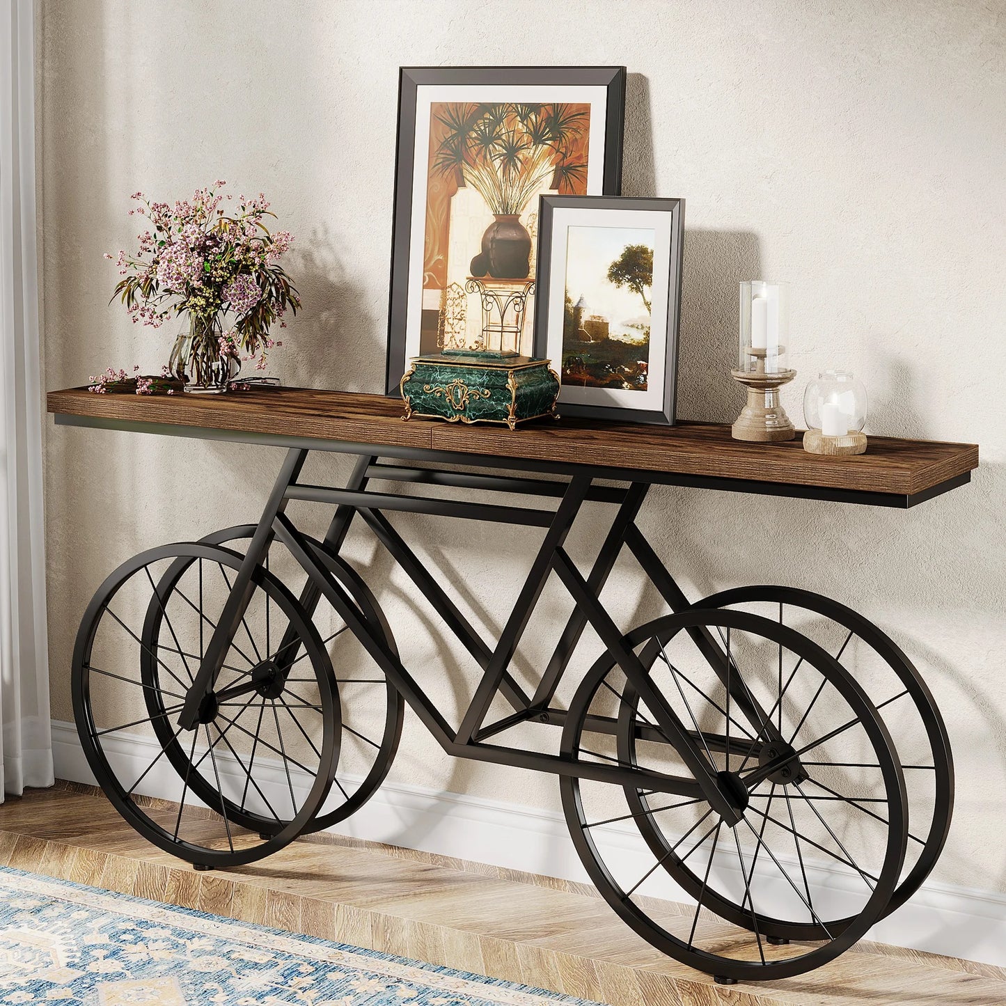 70.9" Industrial Console Table with Bicycle Metal Base – Narrow Entryway & Sofa Table