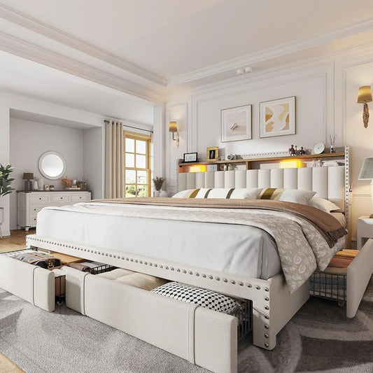 King Size Bed Frame with Storage Drawers & Headboard Shelves – Upholstered Platform Bed, 900 lb Support, Beige