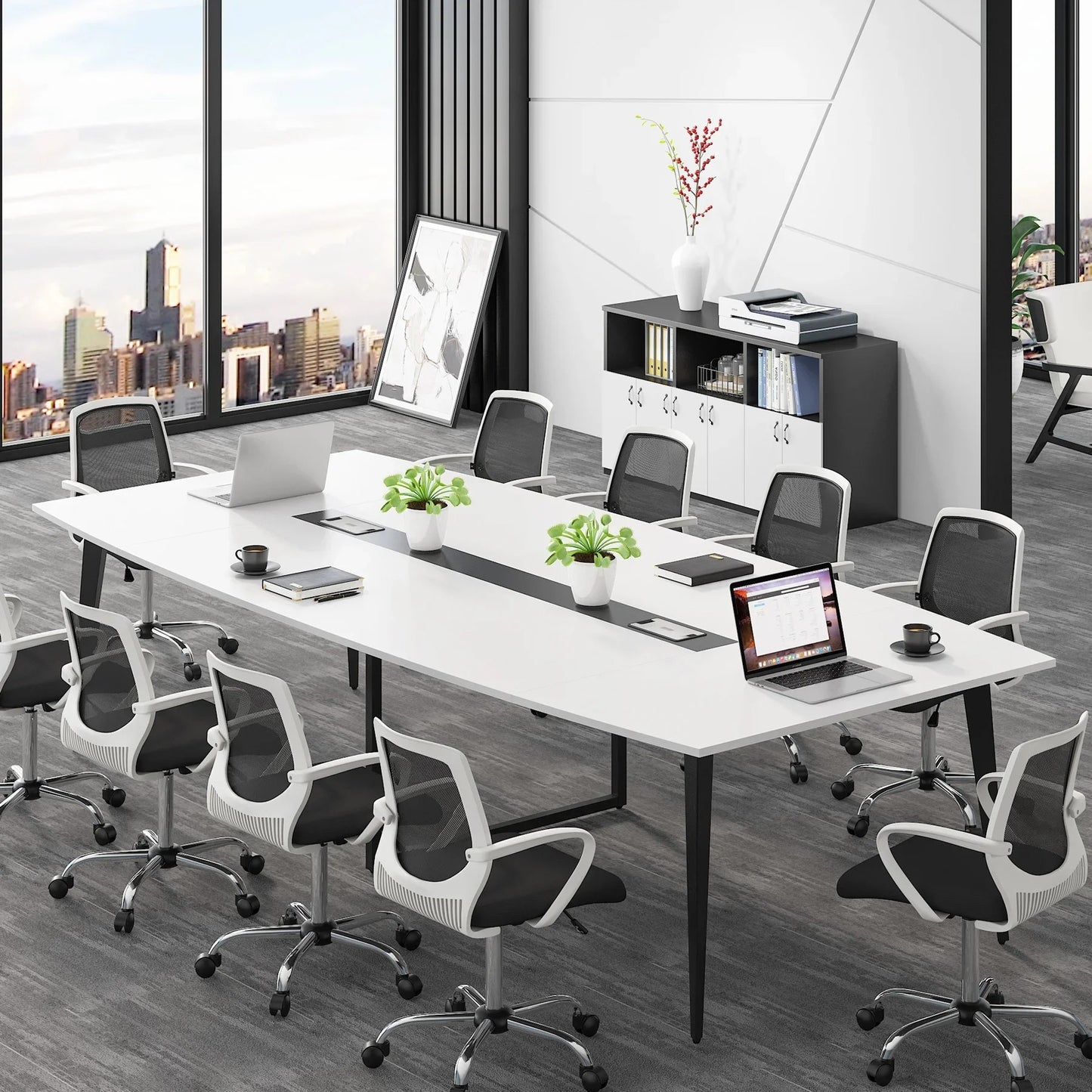 8FT Modern Conference Table with Cable Grommets and Sturdy Metal Frame