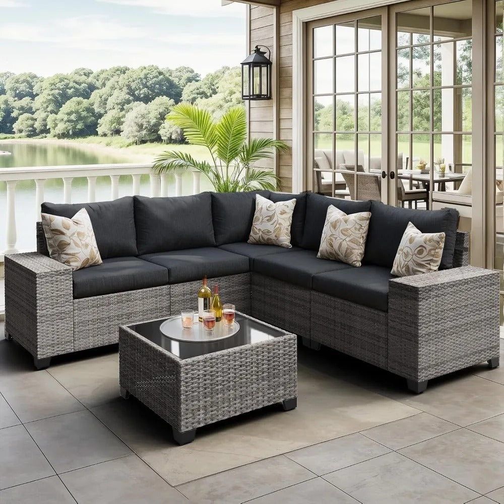 6-Piece Outdoor Wicker Patio Furniture Set – Sectional Sofa with Coffee Table, Dual Cushion Covers, All-Weather PE Rattan & Powder-Coated Frame