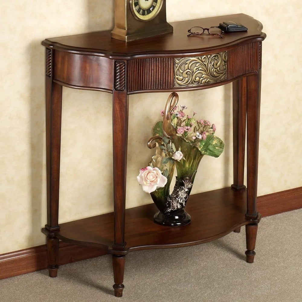 Half-Moon Cherry Console Table with Aged Gold Medallion – Elegant Traditional Foyer Accent Furniture