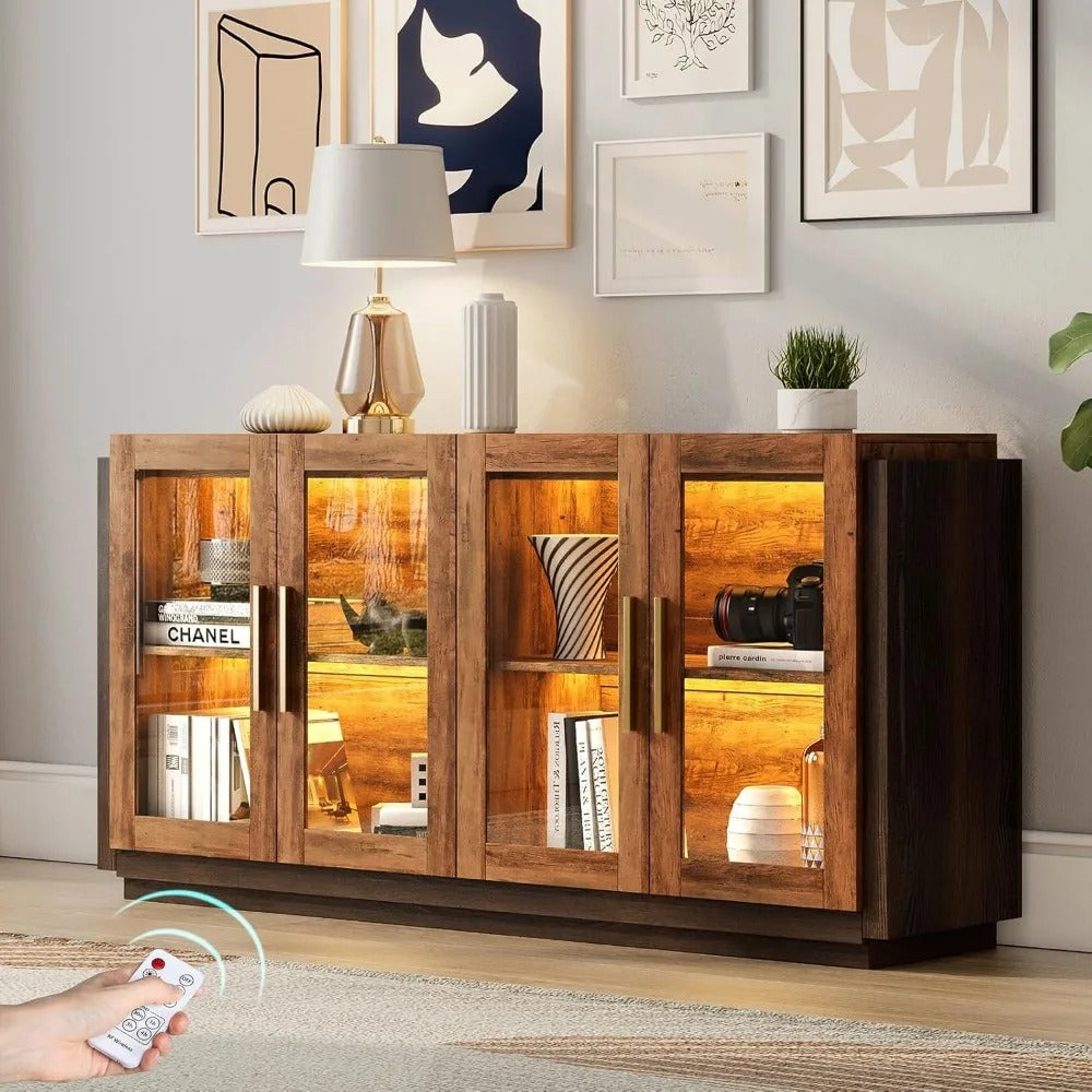 Modern Sideboard Buffet Cabinet with LED Lights, Glass Doors & Adjustable Shelves – Barnwood & Brown