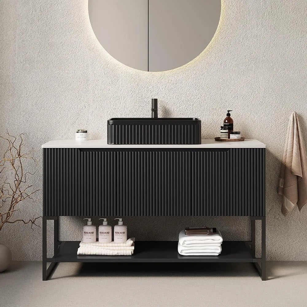 48" Freestanding Bathroom Vanity with Vessel Sink, Soft-Close Doors & Open Shelf