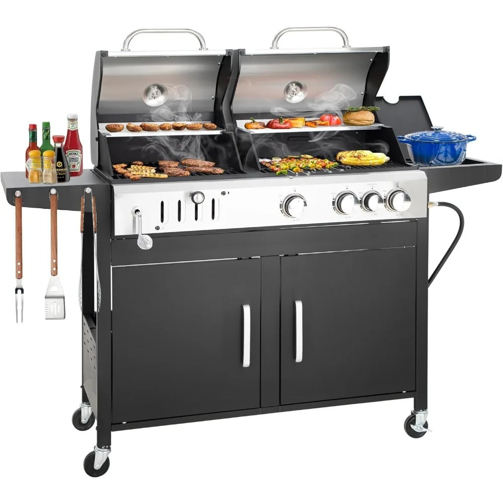 3-Burner Gas & Charcoal Grill Combo with Side Burner, 685 sq.in Cooking Area, 37,000 BTUs, Cast Iron Grates, Built-in Thermometer