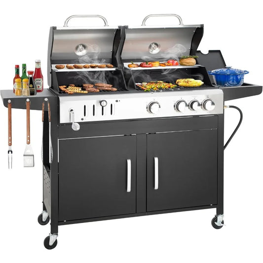 3-Burner Gas & Charcoal Grill Combo with Side Burner, 685 sq.in Cooking Area, 37,000 BTUs, Cast Iron Grates, Built-in Thermometer