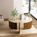 28" Round Travertine Coffee Table – Minimalist Faux Stone Table with Oak Wood Base (Beige Yellow)