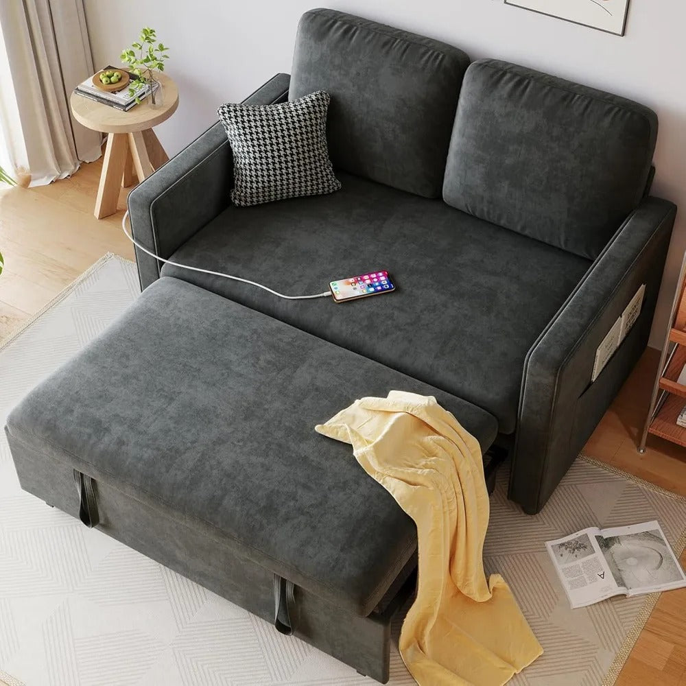3-in-1 Convertible Sleeper Sofa Bed – 54" Pull-Out Loveseat with Adjustable Backrest, Storage Pockets & USB/Type-C Charging Ports