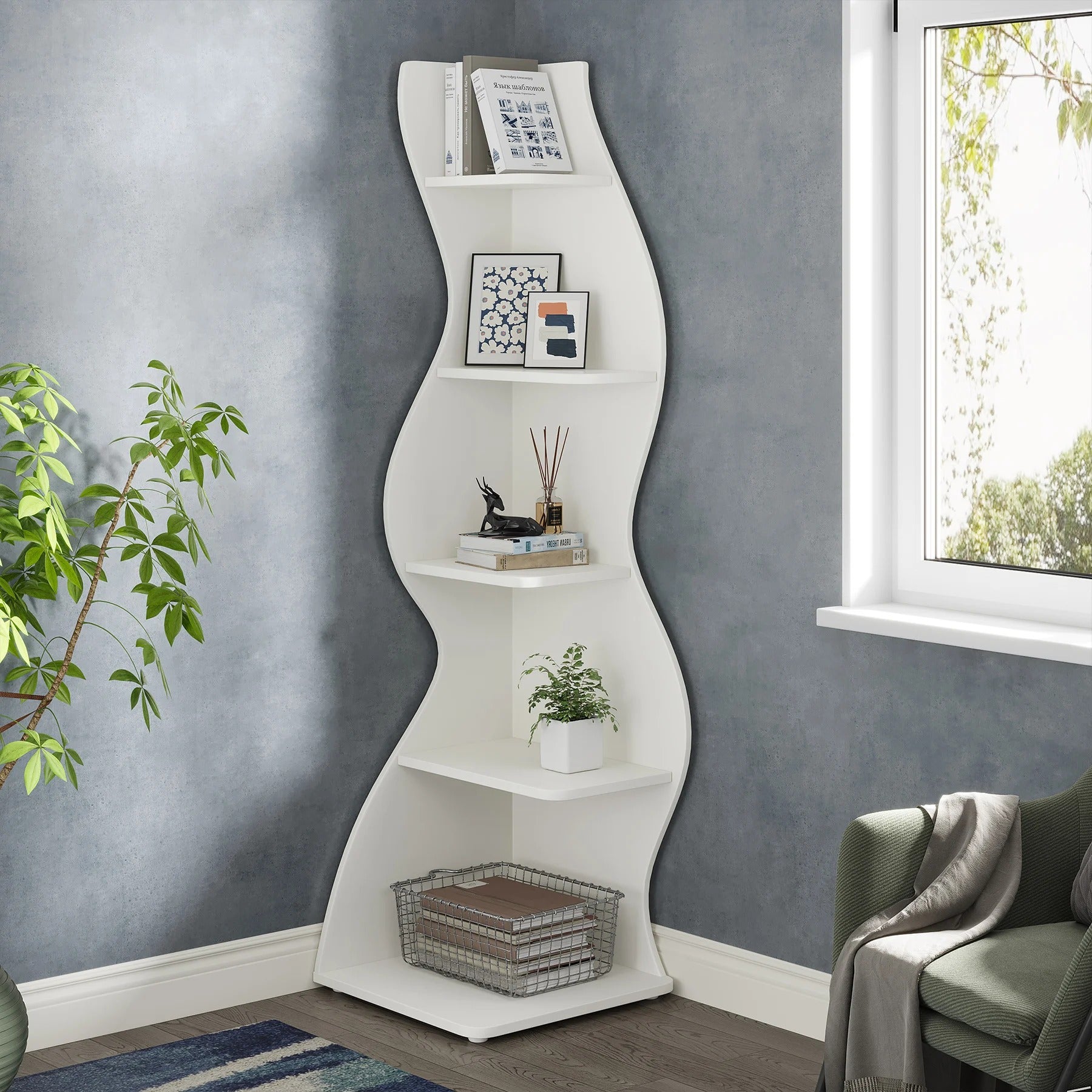 Modern White Corner Bookshelf – Minimalist Storage Rack for Living Room or Office