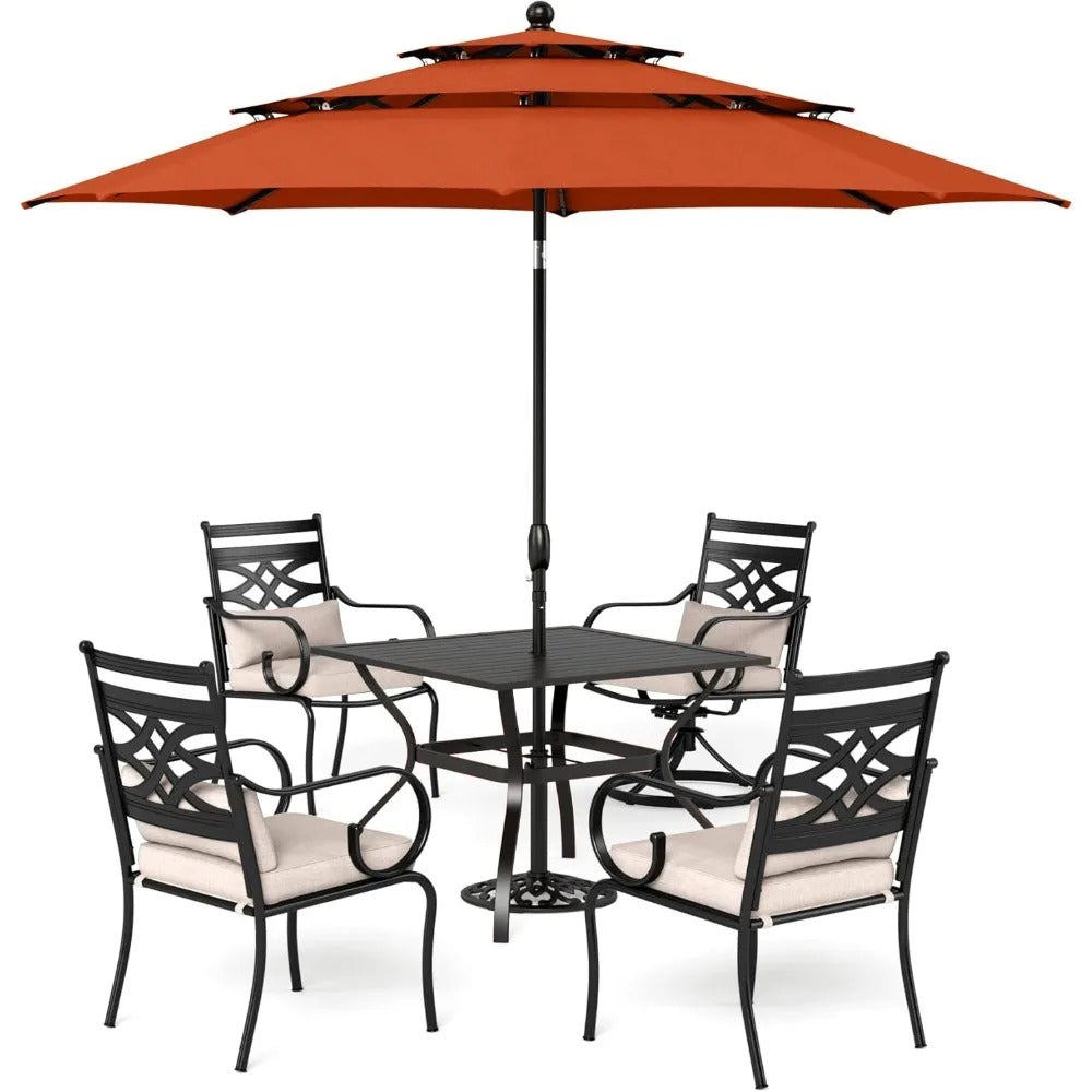 6-Piece Patio Dining Set with 10ft Red Umbrella – Outdoor Table & 4 Cushioned Chairs, Weather-Resistant Steel Frame (No Base)