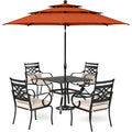 6-Piece Patio Dining Set with 10ft Red Umbrella – Outdoor Table & 4 Cushioned Chairs, Weather-Resistant Steel Frame (No Base)