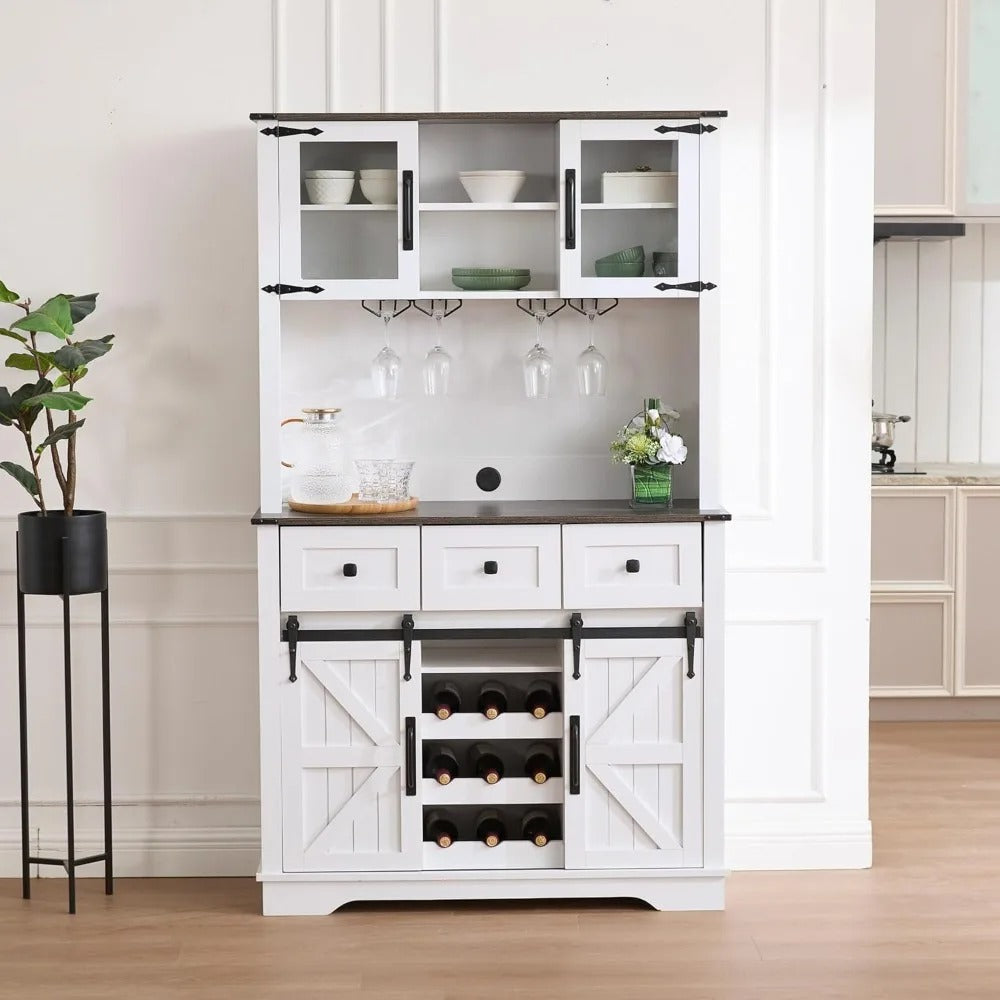 71'' Farmhouse Coffee Bar Cabinet with Sliding Barn Doors, Drawers & Wine Glass Rack – Black Kitchen Pantry & Buffet Storage Cabinet
