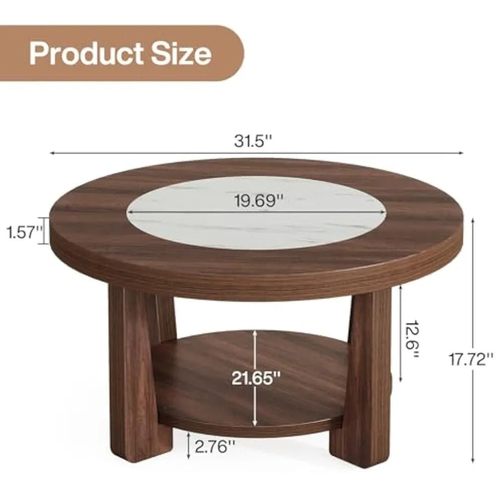 2-Tier Round Coffee Table – Industrial Style with Heavy-Duty Wood Top & Storage Shelf, White/Brown Center Table for Living Room