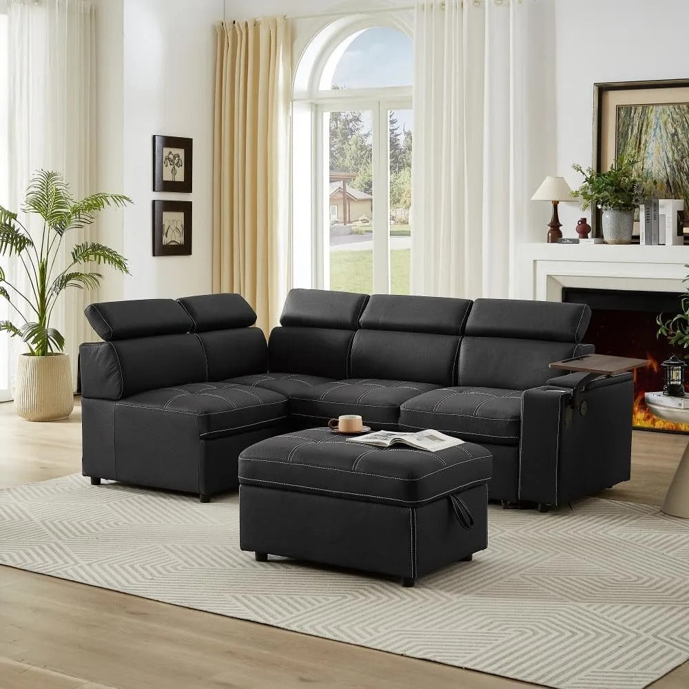 90-Inch Sleeper Sofa with Pull-Out Bed, Recliner, Adjustable Headrests & Storage Ottoman