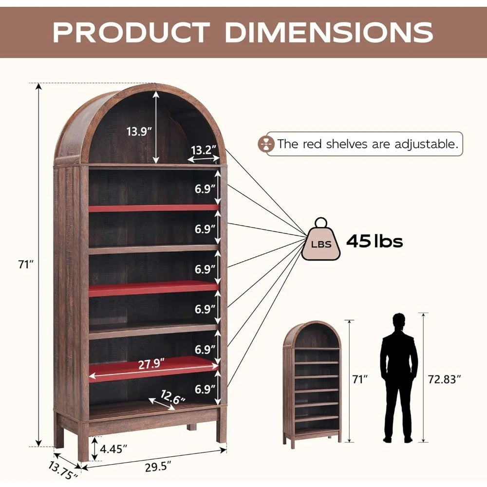 71" Arched 7-Tier Bookshelf – Modern Farmhouse Bookcase with Adjustable Shelves & Wood Storage for Living Room, Hallway, Entryway