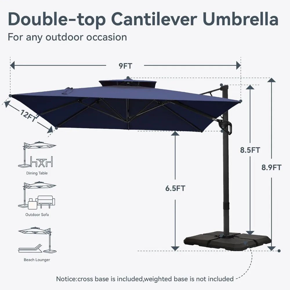 12x9 ft Rectangle Cantilever Patio Umbrella with Base – 360° Rotation, Fade-Resistant, Windproof Outdoor Umbrella for Deck, Poolside & Backyard (Navy Blue)