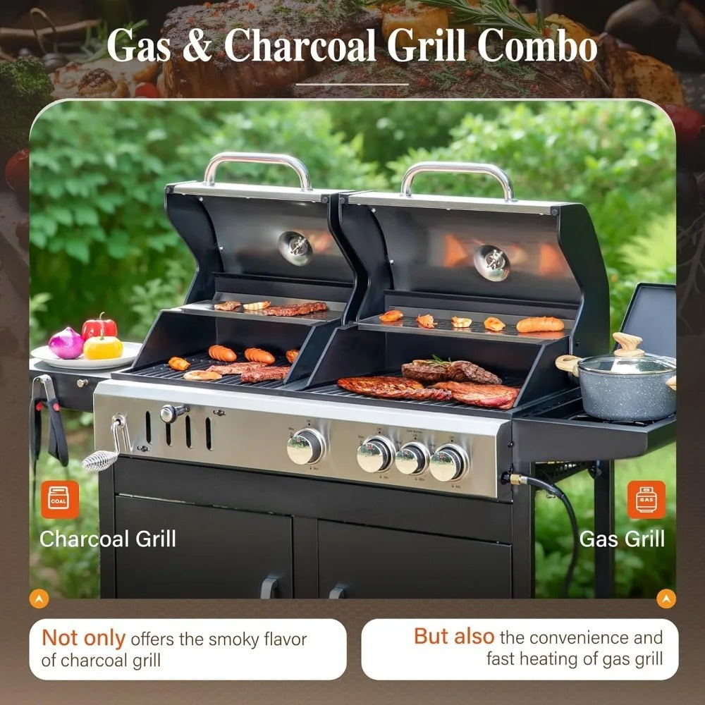 Dual Fuel Gas & Charcoal Grill Combo – 690 Sq.In. BBQ Grill with Side Burner, Porcelain Cast Iron Grates, Removable Grease Tray