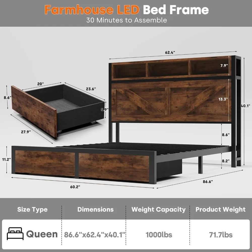 Farmhouse Queen Bed with Bookcase Headboard, LED Lights, Charging Station & Storage Drawers