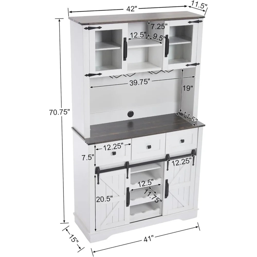 71'' Farmhouse Coffee Bar Cabinet with Sliding Barn Doors, Drawers & Wine Glass Rack – Black Kitchen Pantry & Buffet Storage Cabinet