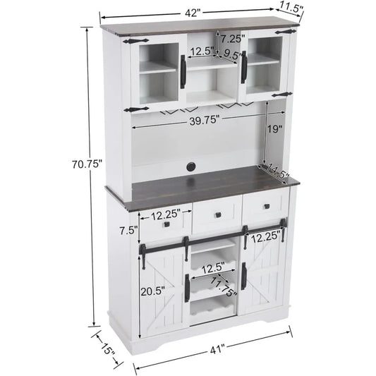 71'' Farmhouse Coffee Bar Cabinet with Sliding Barn Doors, Drawers & Wine Glass Rack – Black Kitchen Pantry & Buffet Storage Cabinet