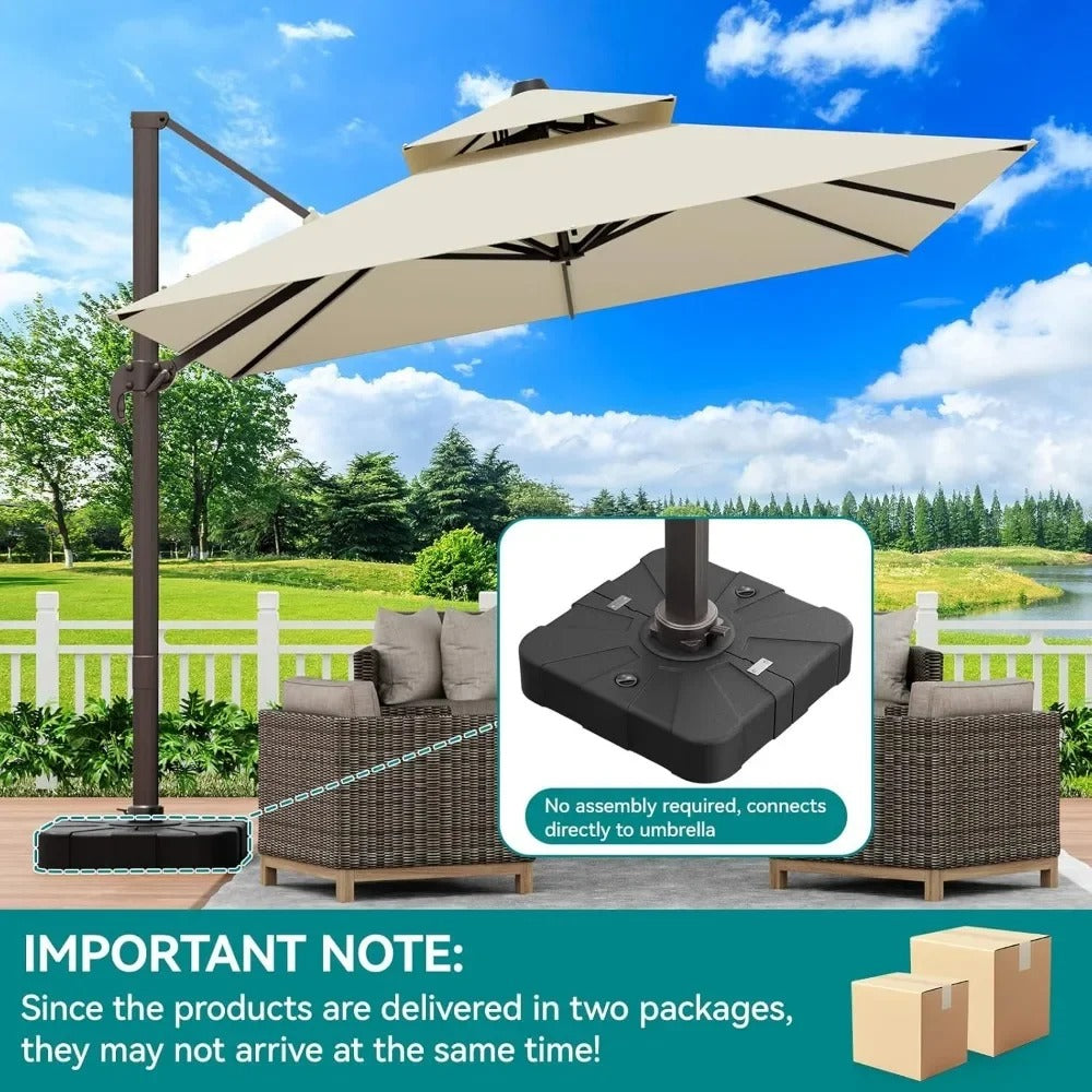 9x12 FT Rectangular Cantilever Patio Umbrella with Base – 360° Rotation, Double Top, Water & UV Resistant (Beige)