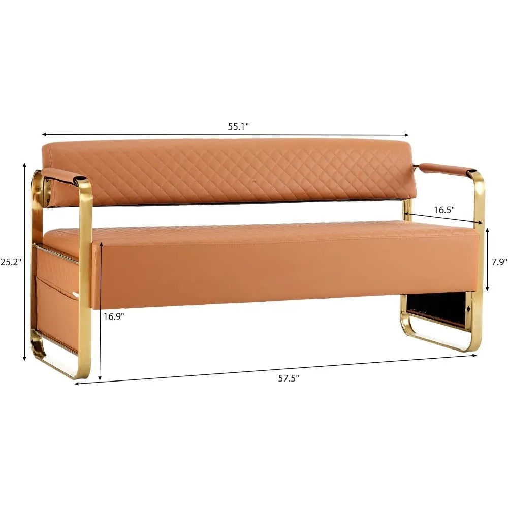 57.5" Waiting Room Bench with Back – PU Leather 3-Seater Guest Chair with Gold Frame for Office, Salon, Lobby, or Reception Area