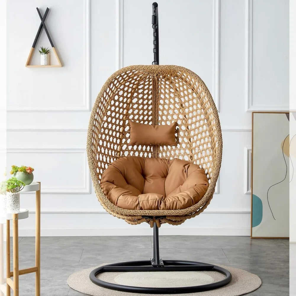 Hanging Egg Swing Chair with Stand & Cushion – Foldable Rattan Basket Lounge for Indoor/Outdoor Relaxation (Khaki Yellow)