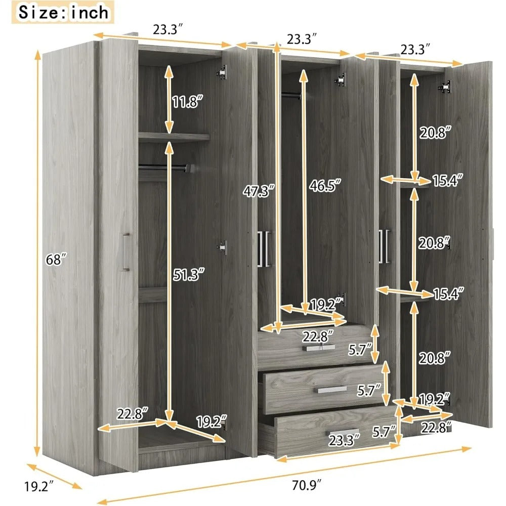 6-Door Wardrobe Closet with 3 Drawers & Lockable Storage – Modern Freestanding Armoire Organizer for Bedroom