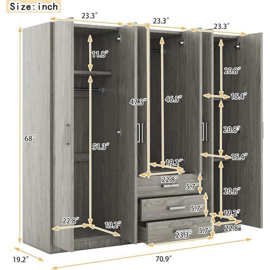 6-Door Wardrobe Closet with 3 Drawers & Lockable Storage – Modern Freestanding Armoire Organizer for Bedroom