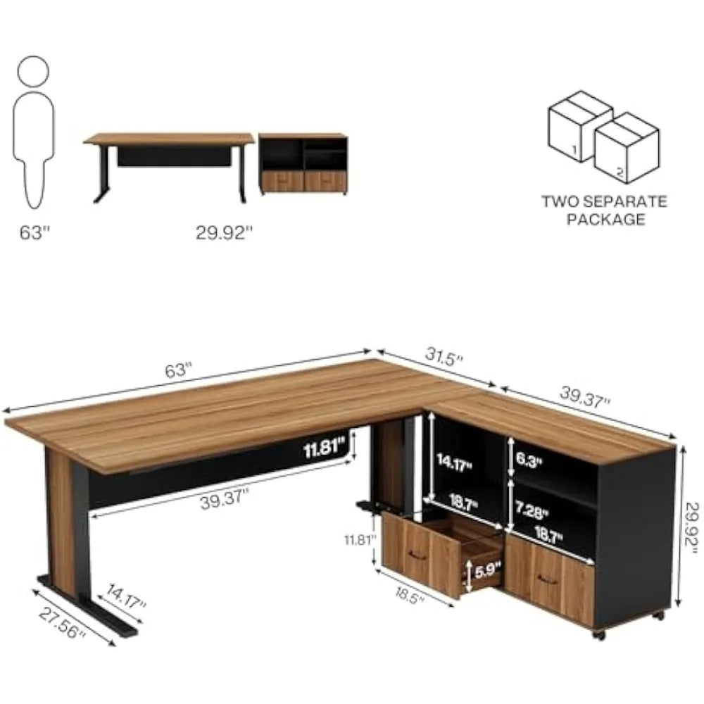 63" L-Shaped Executive Computer Desk with File Cabinet – Retro Office Workstation with Reversible Design & Storage Drawers