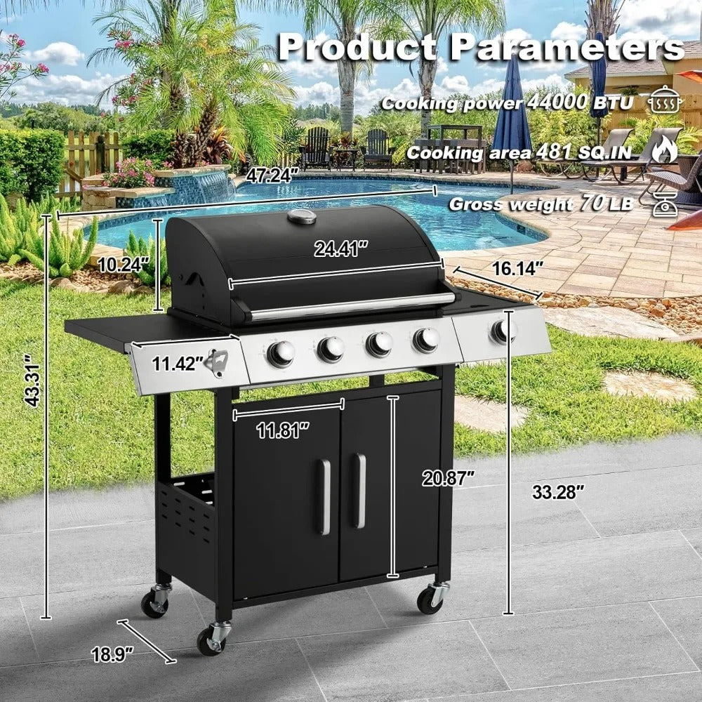4-Burner Propane Gas Grill with Side Burner – 481 Sq. In. Cooking Space, Lockable Wheels, and Storage Cabinet