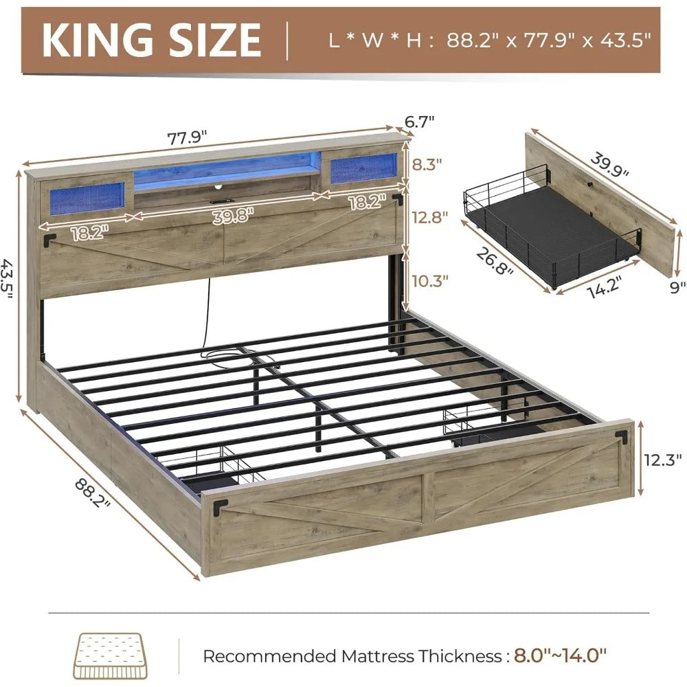 King Farmhouse Bed Frame with Bookcase Headboard, Drawers & LED Lights – Rustic Oak Platform, No Box Spring Needed
