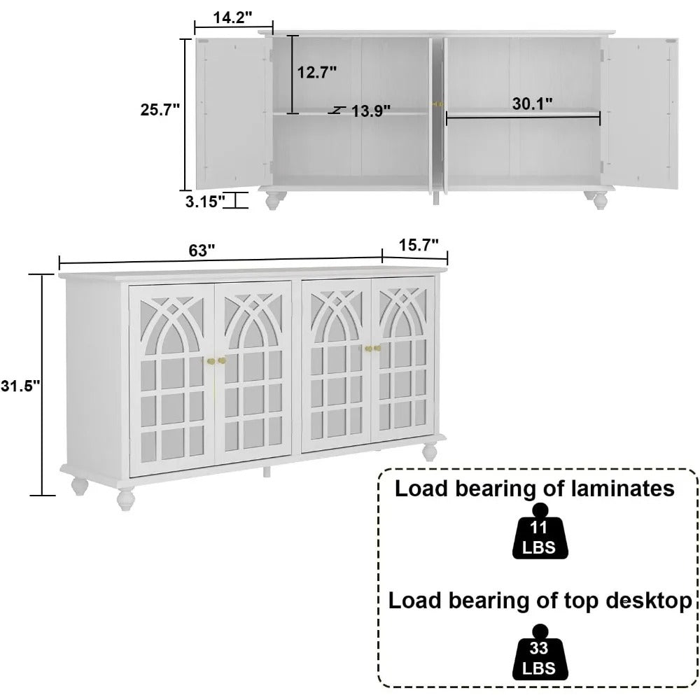 Modern White Sideboard Cabinet with Carved Mirror Doors & Adjustable Storage – Buffet Console for Kitchen, Dining, or Entryway