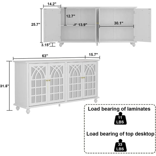 Modern White Sideboard Cabinet with Carved Mirror Doors & Adjustable Storage – Buffet Console for Kitchen, Dining, or Entryway