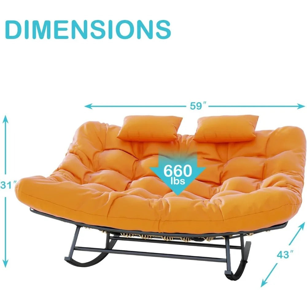 Double Papasan Rocking Loveseat – 2-Person Outdoor Chair with Cushion & Rattan Frame