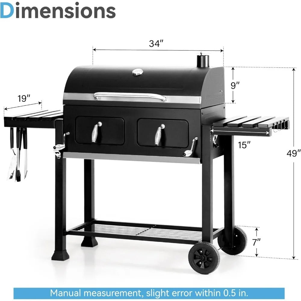 Large Barrel Charcoal Grill with 794 Sq In Cooking Space, Dual Height-Adjustable Pans & Folding Side Tables – Outdoor BBQ Grill with Temp Gauge