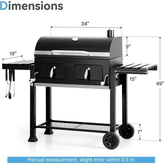 Large Barrel Charcoal Grill with 794 Sq In Cooking Space, Dual Height-Adjustable Pans & Folding Side Tables – Outdoor BBQ Grill with Temp Gauge