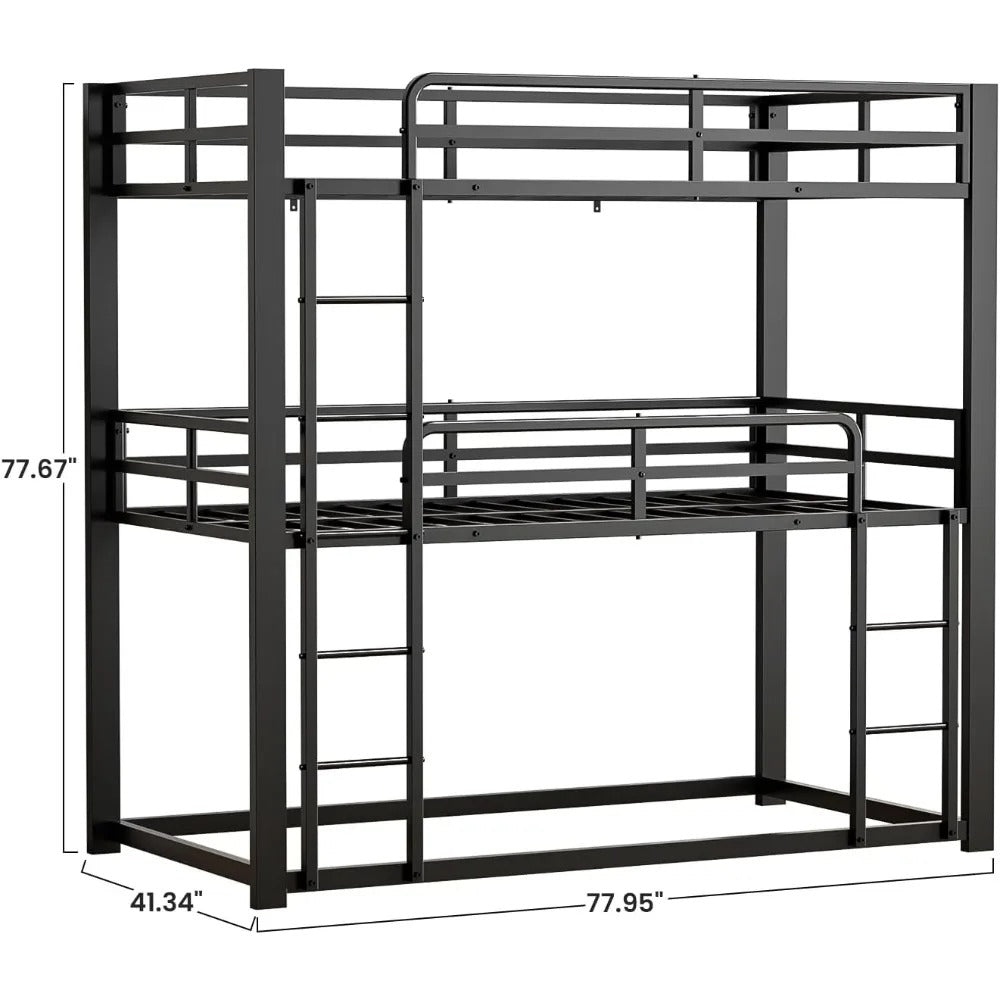 Durable triple-tier metal bunk bed with ladder. Ideal for families, apartments, or shared bedrooms. Easy assembly and no box spring required.