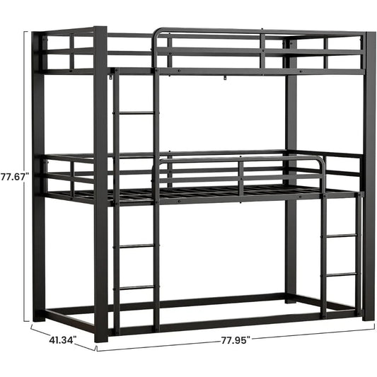 Durable triple-tier metal bunk bed with ladder. Ideal for families, apartments, or shared bedrooms. Easy assembly and no box spring required.