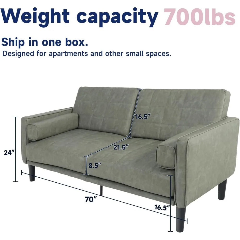 70” Mid-Century Modern Faux Leather Couch – Armless Loveseat with Cushioned Seats for Living Room or Office (Olive Green)