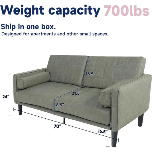 70” Mid-Century Modern Faux Leather Couch – Armless Loveseat with Cushioned Seats for Living Room or Office (Olive Green)