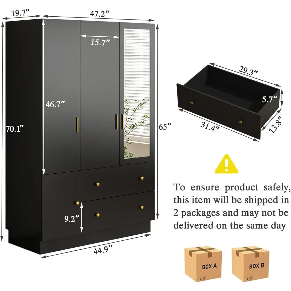 Modern 3-Door Black Wardrobe with Mirror & RGB Lights – Spacious Armoire Closet with Organizers & Hanging Rod