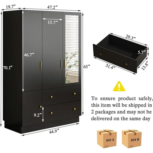 Modern 3-Door Black Wardrobe with Mirror & RGB Lights – Spacious Armoire Closet with Organizers & Hanging Rod