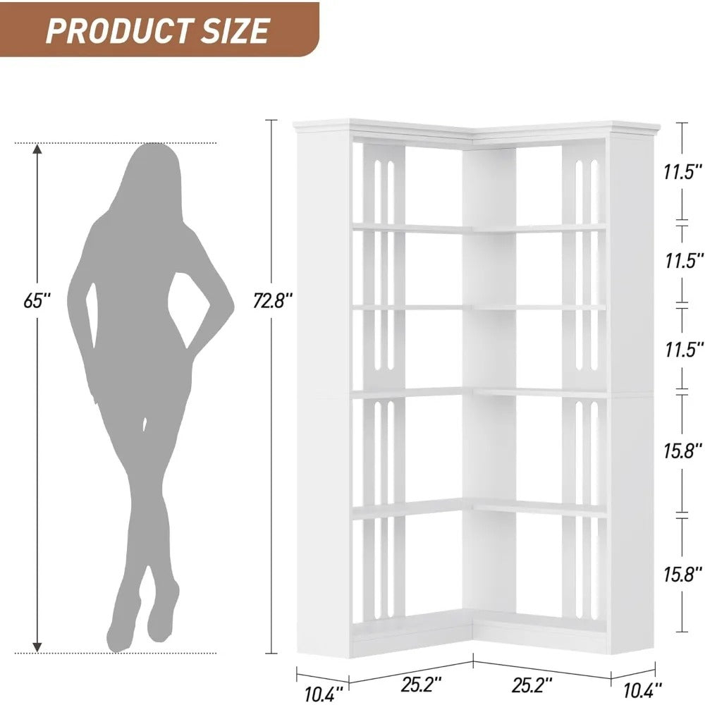 72" L-Shaped Corner Bookshelf – 5-Tier Rustic Wood Bookcase with Anti-Tip Design & Heavy-Duty Storage for Living Room or Office