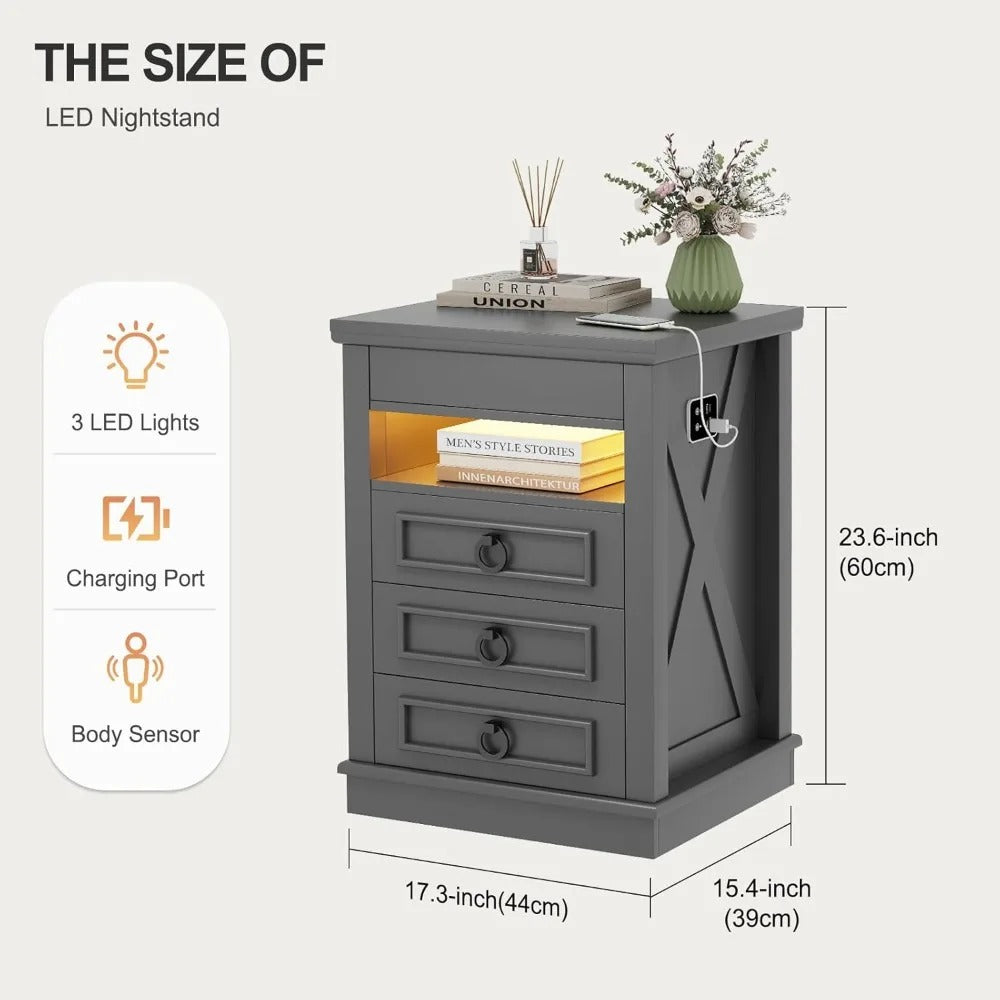 Modern Farmhouse Nightstand with Hidden Gun Drawer, LED Lights & Charging Ports – 3-Drawer Bedside Table with Sensor Lighting