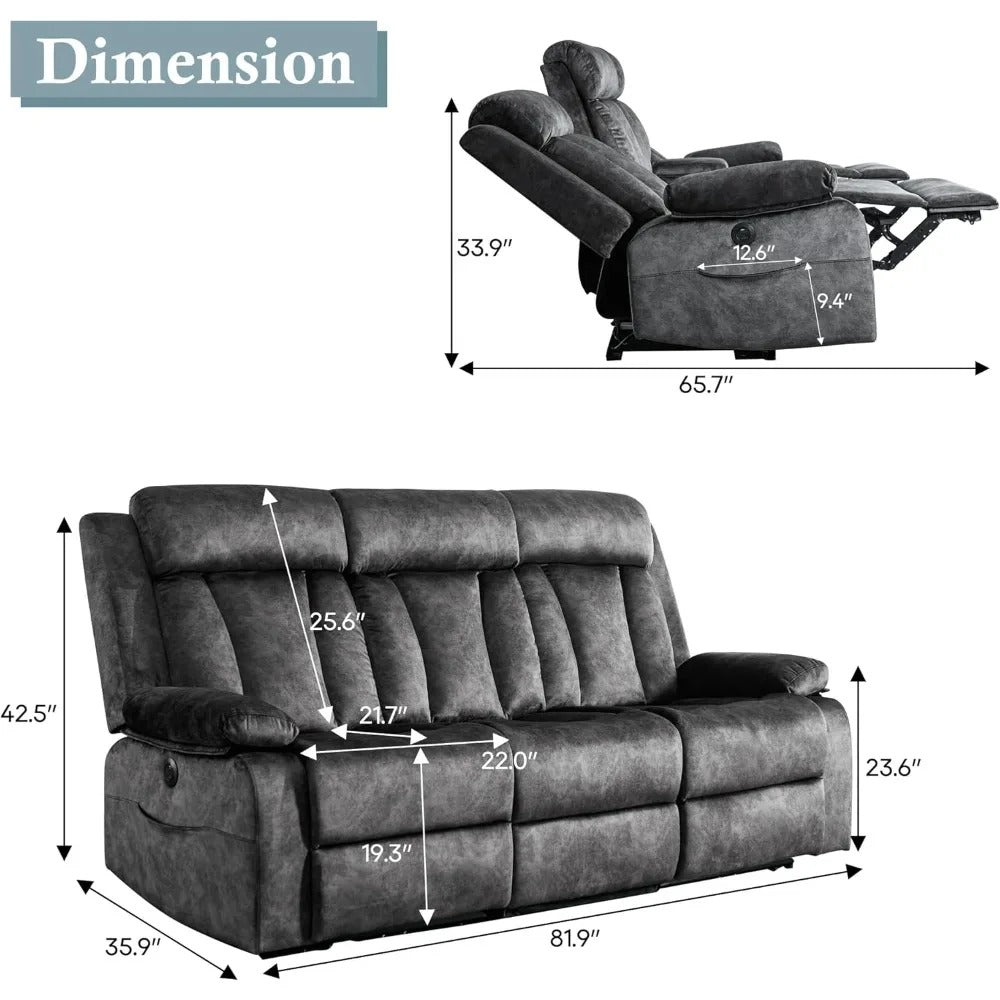 3-Seater Power Reclining Sofa with Massage & Heat – USB/Type-C Ports, Drop-Down Table, Cup Holders & Storage | Dutch Velvet Couch