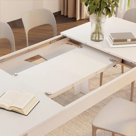 Extendable Dining Table for 6–8 People – 55" to 86" Ashwood White Kitchen Table with L-Shaped Legs, Space-Saving Design