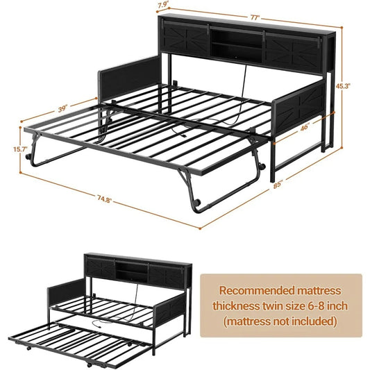 Farmhouse Twin Daybed with Trundle, Bookcase Headboard & Charging Station – Heavy-Duty Metal Sofa Bed Frame with Sliding Barn Doors (Black)
