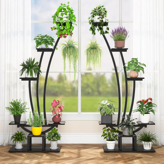 Curved Indoor Plant Stand – 2-Piece Metal Display Rack with Hooks for Home & Garden