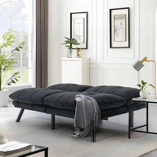 2-in-1 Velvet Convertible Futon Sofa Bed with Adjustable Backrest – Memory Foam Loveseat for Small Apartments, Bedrooms, or Offices